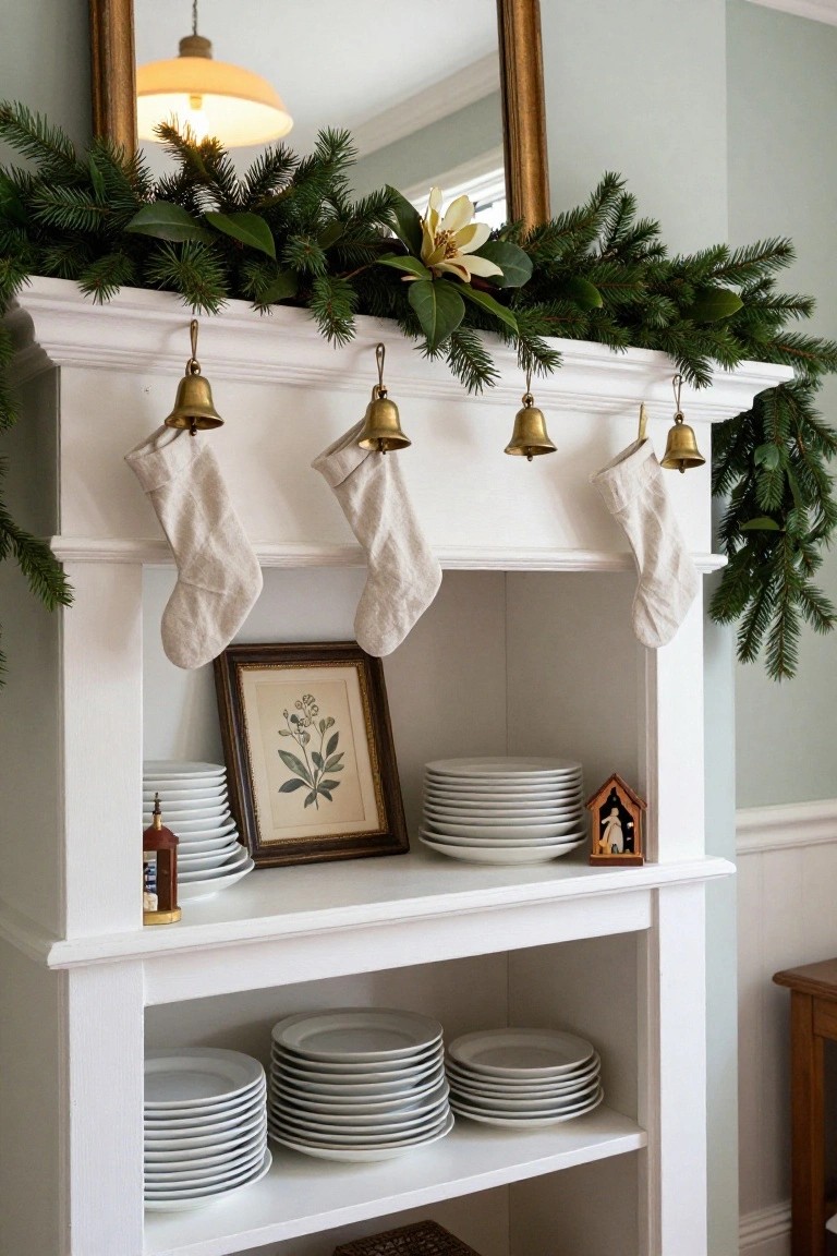 White built-in mantel with open shelves decorated for Christmas, featuring evergreen and magnolia garland on top, four white linen stockings hanging from gold bells, framed botanical print, stacked white plates on shelves, small wooden nativity, and gold-accented bottle.