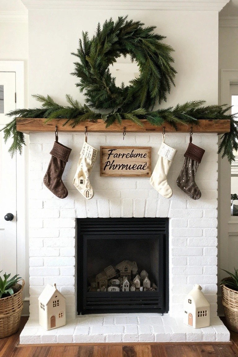Wood Beam Mantel with Evergreen Garland