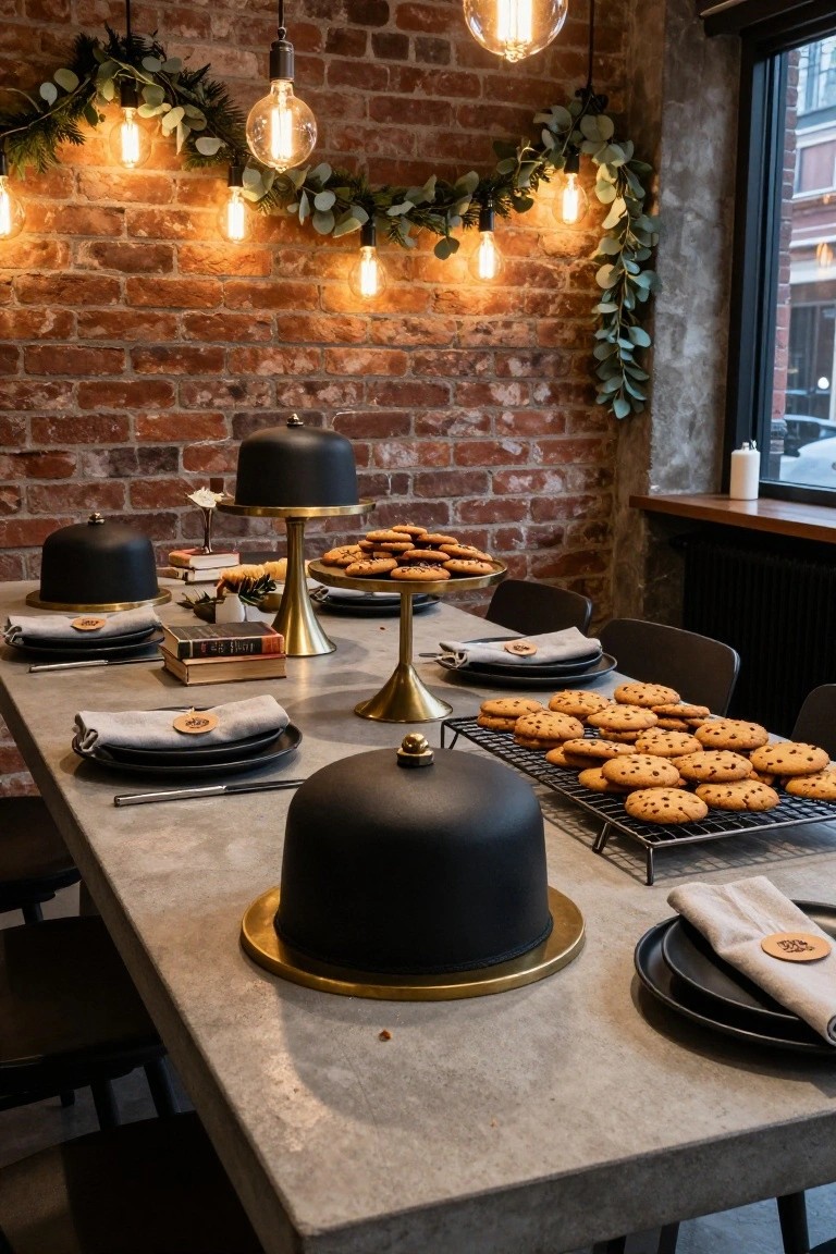 Concrete dining table in a brick-walled room with black cake domes on gold pedestals, platters and racks of chocolate chip cookies, black plates with beige napkins, and eucalyptus garlands under warm bulb lights.