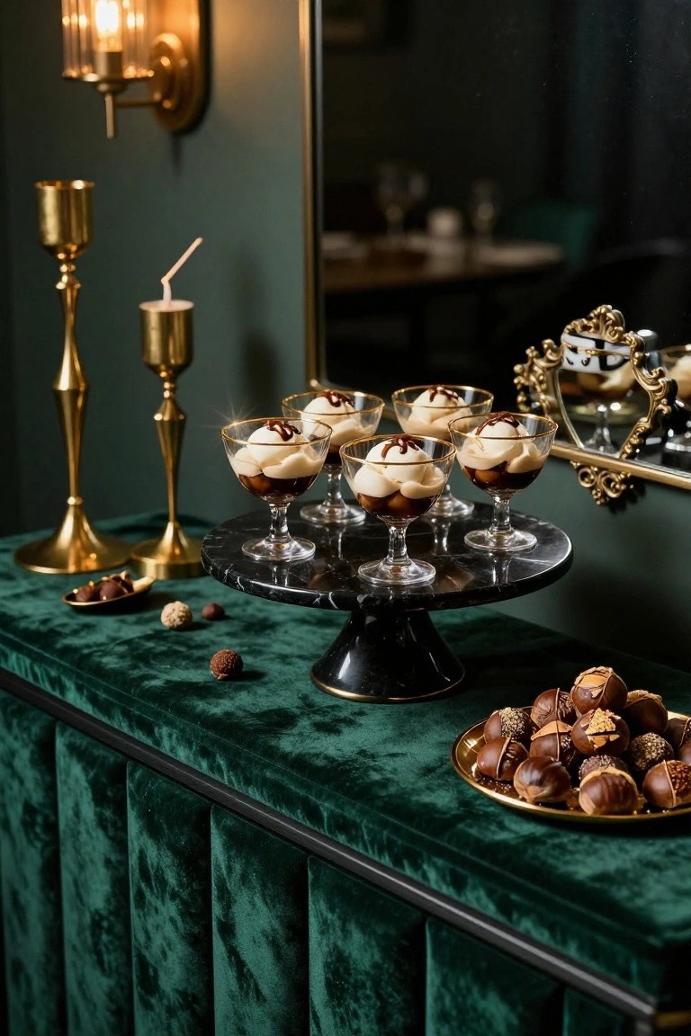 Black marble pedestal stand holding gold-rimmed glasses of panna cotta with chocolate toppings, gold candelabras, scattered chocolates, and a gold plate of truffles on green velvet surface next to a mirror.