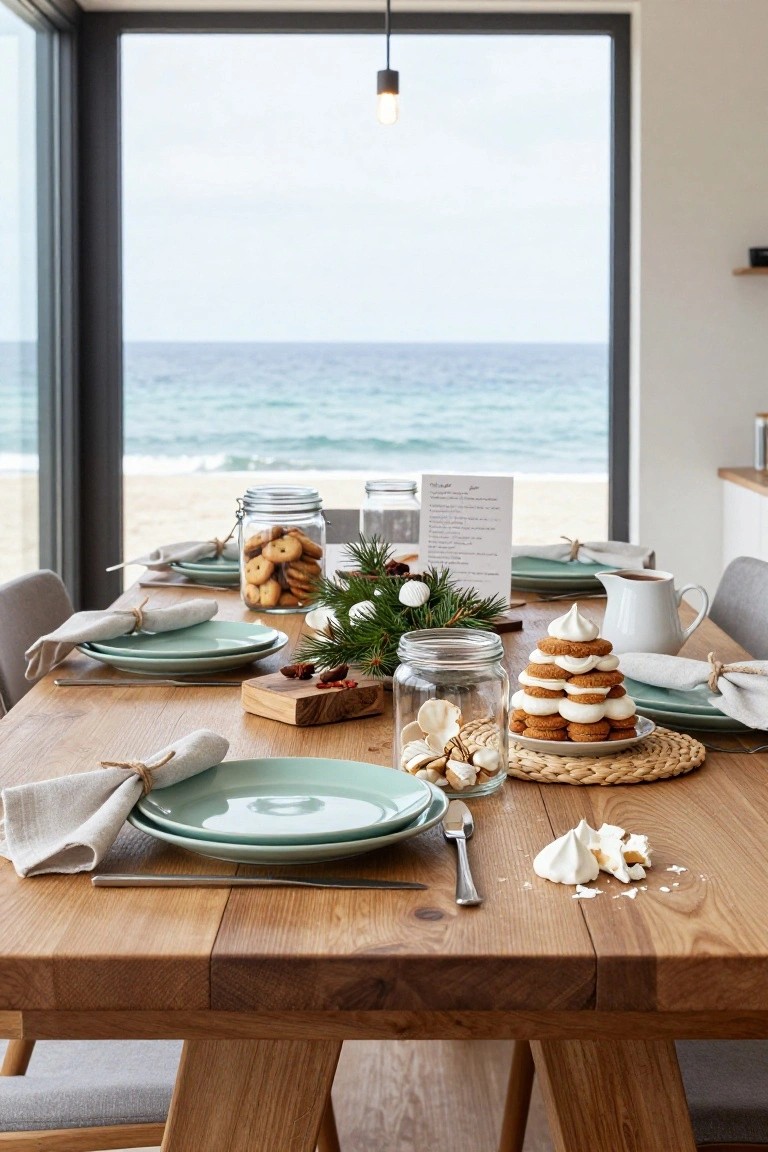 Dining table in a modern beach house interior set for Christmas with stacked whipped cream-topped cookies forming a tree shape, pastel green plates, linen napkins tied with rope, jars of cookies and candies, seashells, evergreen branches, and large windows showing sand beach and ocean.