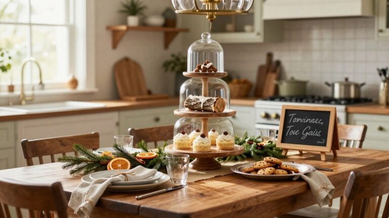 Close-up of a three-tier wooden dessert stand on a wooden dining table, displaying cupcakes under a glass dome, yule log slices, and cookies, decorated with greenery, oranges, and cinnamon sticks in a cozy kitchen with holiday table settings.