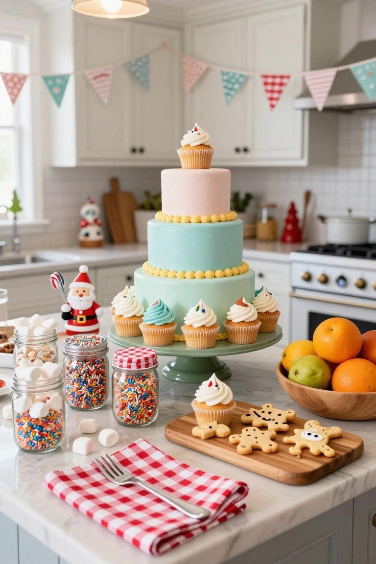 Kitchen island set up as a Christmas dessert table with a three-tiered cake in pink and teal on a green stand, cupcakes, jars of sprinkles and marshmallows, gingerbread cookies on a wooden board, oranges in a bowl, and Santa figurines nearby.
