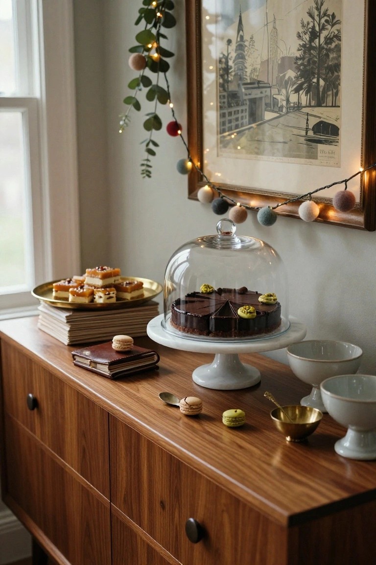 Wooden sideboard in a room displays chocolate cake under a glass dome, lemon bars on a gold plate, macarons, books, and bowls, with greenery garlands, fairy lights, and pom poms nearby next to a window and framed artwork.