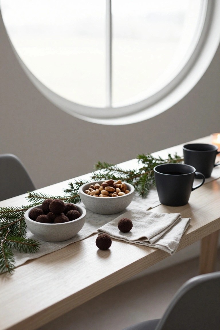 Light wooden dining table topped with fir branches, gray stoneware bowls of chocolate truffles and mixed nuts, two black ceramic mugs, and folded white linen napkins, with gray chairs and a round window in the background.