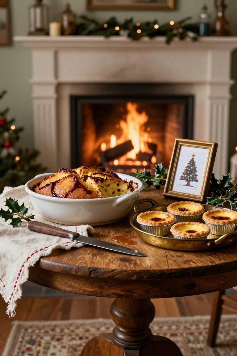 A rustic wooden table near a lit fireplace displays a white bowl of caramel-topped baked pudding and a gold tray of custard tarts garnished with holly, in a cozy room with Christmas decorations.
