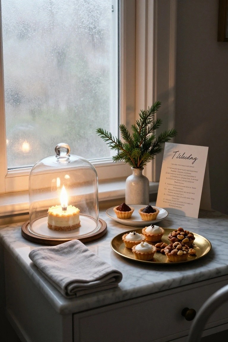 Close-up of a marble side table by a rain-streaked window displaying a glass-domed mini cake with a lit candle inside, small pastries on gold plates, roasted nuts, a fir branch in a vase, and a card labeled Tildeling.
