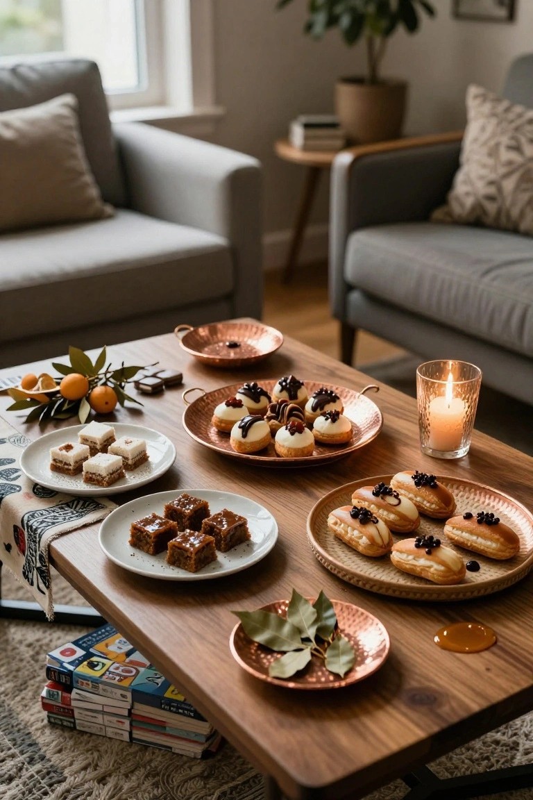 Wooden coffee table in a living room with desserts on copper and white platters including cream puffs, donuts, macarons, and squares, plus oranges, bay leaves, a candle, and stacked books nearby.