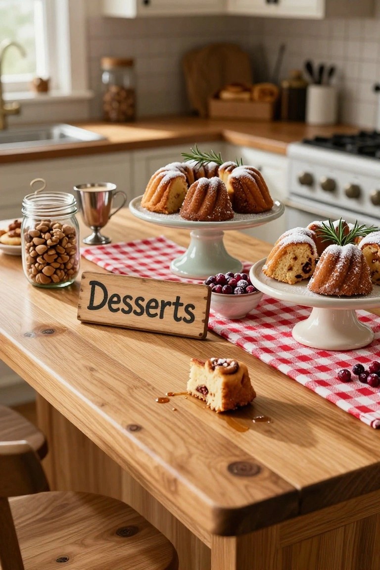 A wooden kitchen island set up as a dessert table with powdered bundt cakes on tiered white stands, a wooden 