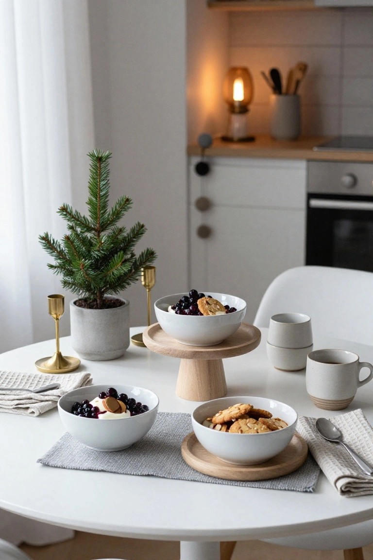 Round white table in a light kitchen with a small potted Christmas tree, gold candlesticks, stacked white bowls of yogurt with blueberries and cookies on wooden pedestals and plates, gray placemats, linen napkins, spoons, and ceramic mugs.