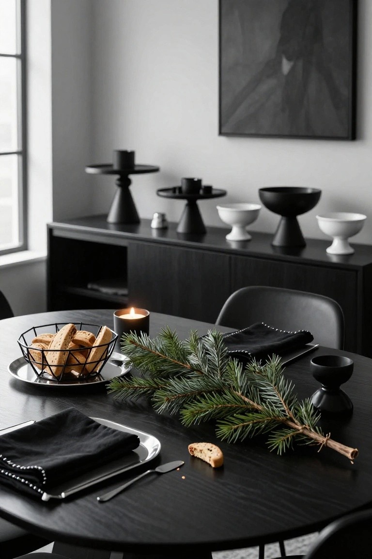 Close-up of a black round wooden table set with a black wire basket of cantuccini biscuits, green fir branches, black napkins, candles, black dishware, and a butter knife in a minimalist room with black furniture, white bowls, and an abstract painting.