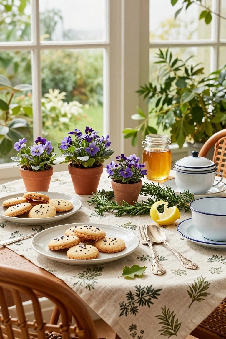 Wooden table in a bright sunroom with clustered terracotta pots of purple violets, rosemary sprigs, plates of sesame shortbread cookies, honey jar, white teacups, and lemon slices on a linen tablecloth by large windows.