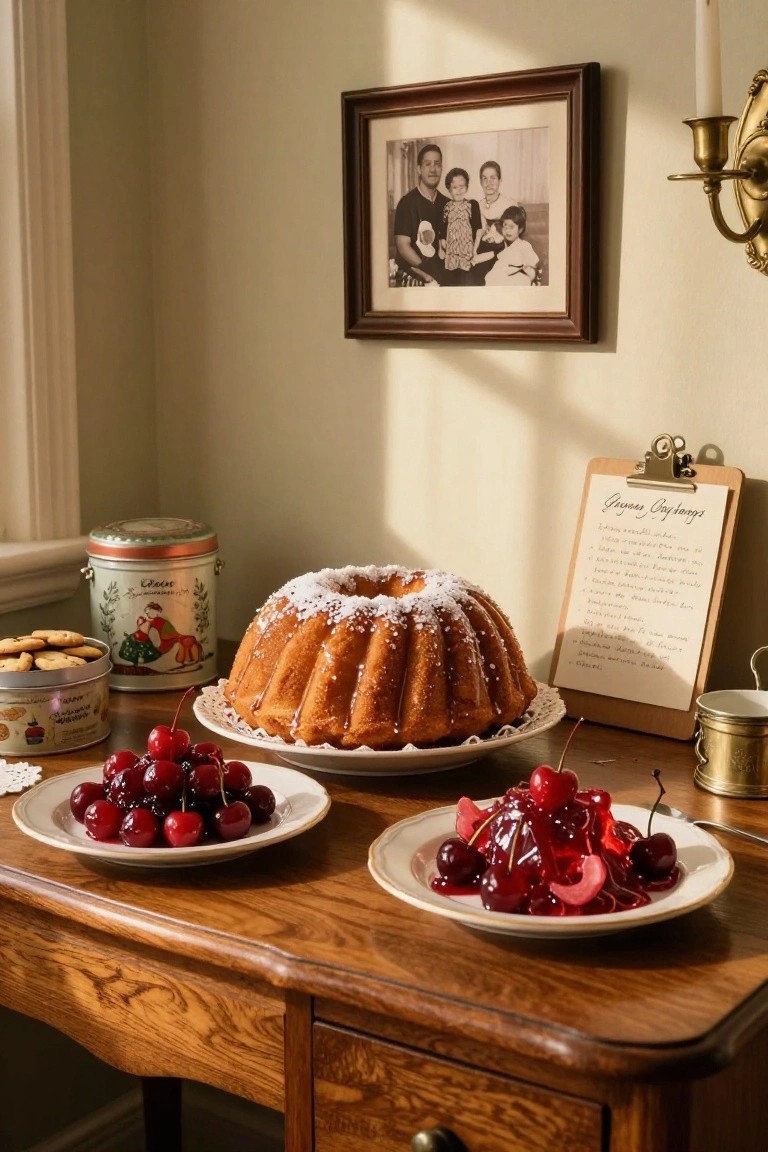 Wooden table with a large powdered bundt cake on a lace-edged plate, two plates of cherries and cherry gelatin, vintage tins of cookies, recipe clipboard, brass cup, and family photo on pale wall with candle sconce.