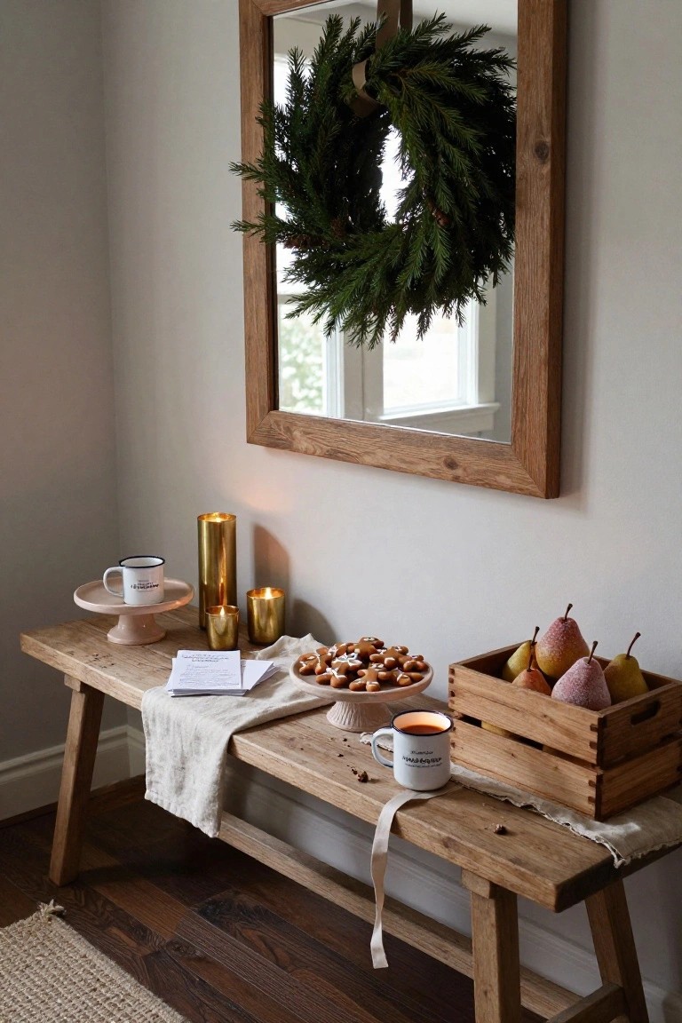 Wooden bench in room corner holding open notebook, brass candles, mugs, gingerbread cookies on plate, wooden crate of sugared pears, near wood-framed mirror with Christmas wreath.