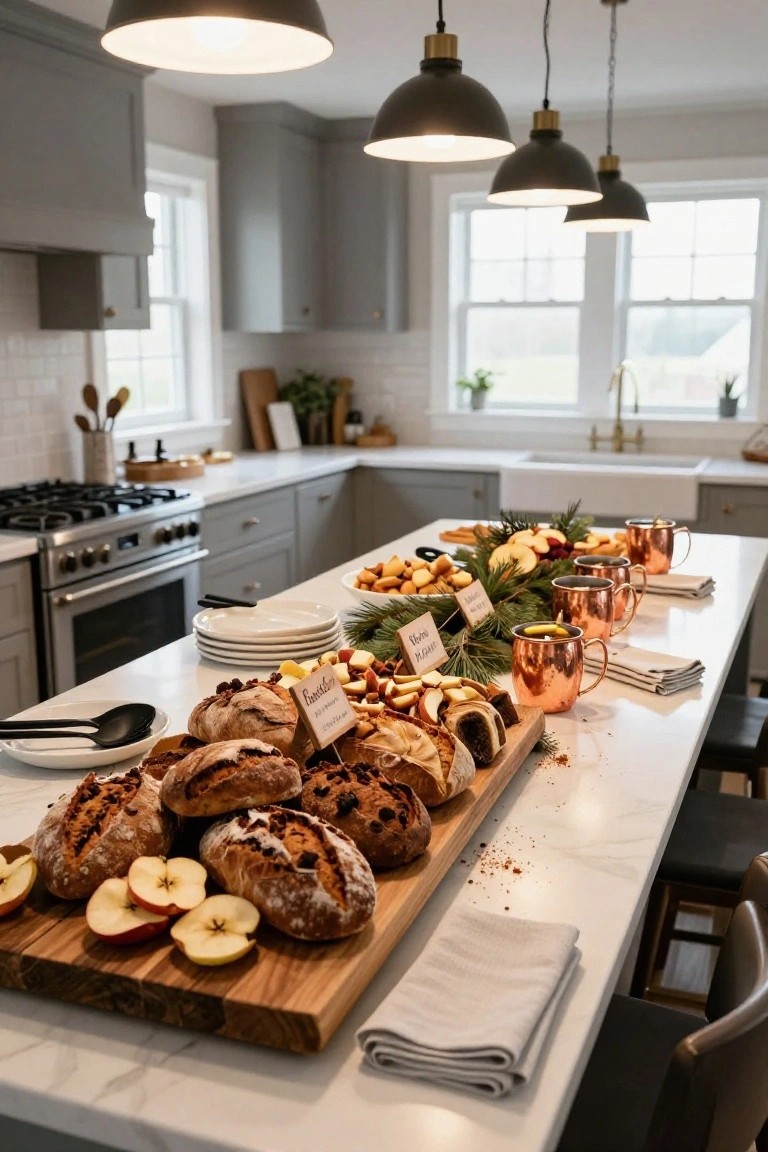 Kitchen island topped with a large wooden board holding stacked breads, sliced apples, cheese platter, cookie bowls, copper mugs of cider with greenery, and small labeled signs.