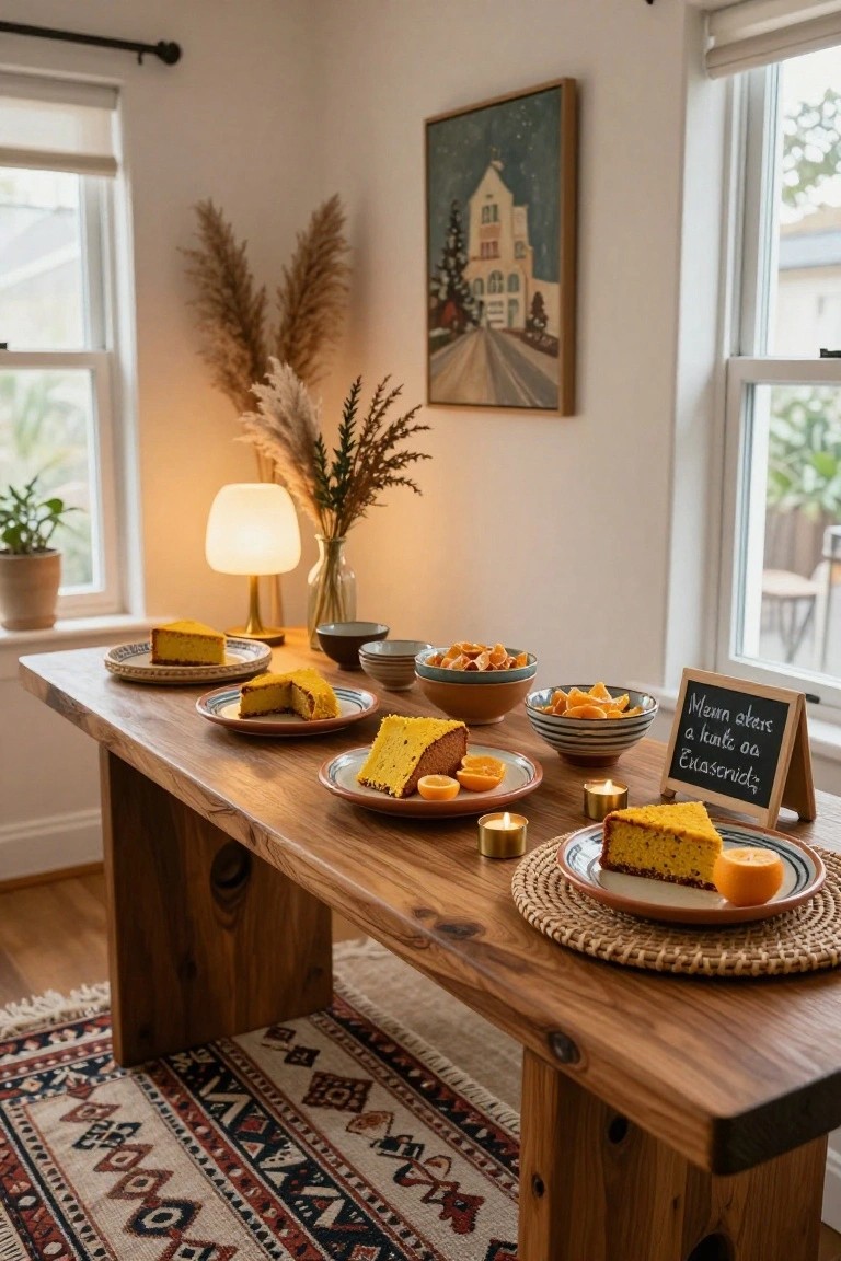 Wooden dining table in a light room set with plates of yellow cake slices and orange segments, bowls of snacks, candles, and a chalkboard sign next to pampas grass and a lamp.