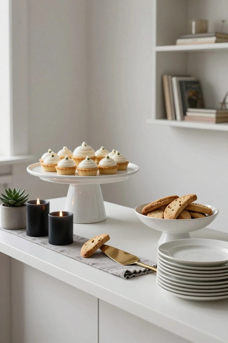 White pedestal cake stand displaying small pastries topped with white icing and green accents, beside black candles, a potted succulent, a bowl of biscotti, stacked white plates, and a gold-handled server on a white counter with gray linen.