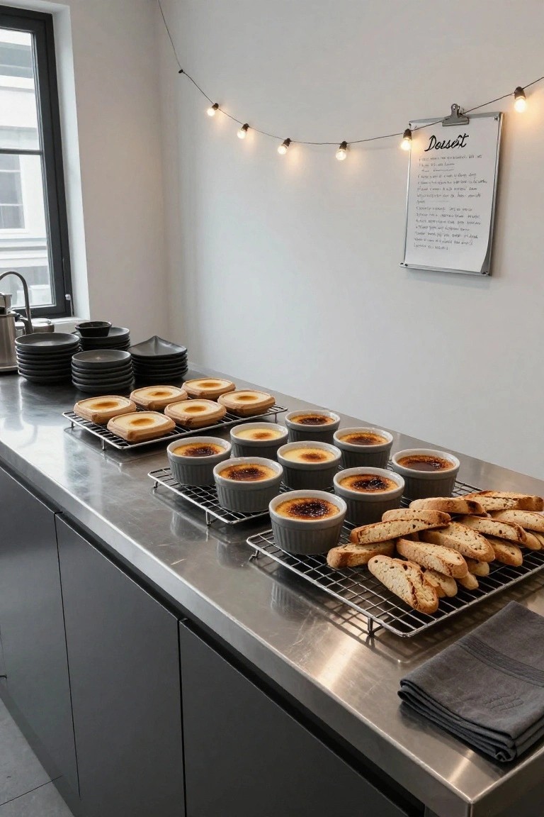 Stainless steel kitchen counter with wire racks holding gray ramekins of creme brulee, trays of cheesetarts, and biscotti sticks, stacks of black plates nearby, string lights above, and a handwritten dessert menu on the wall.