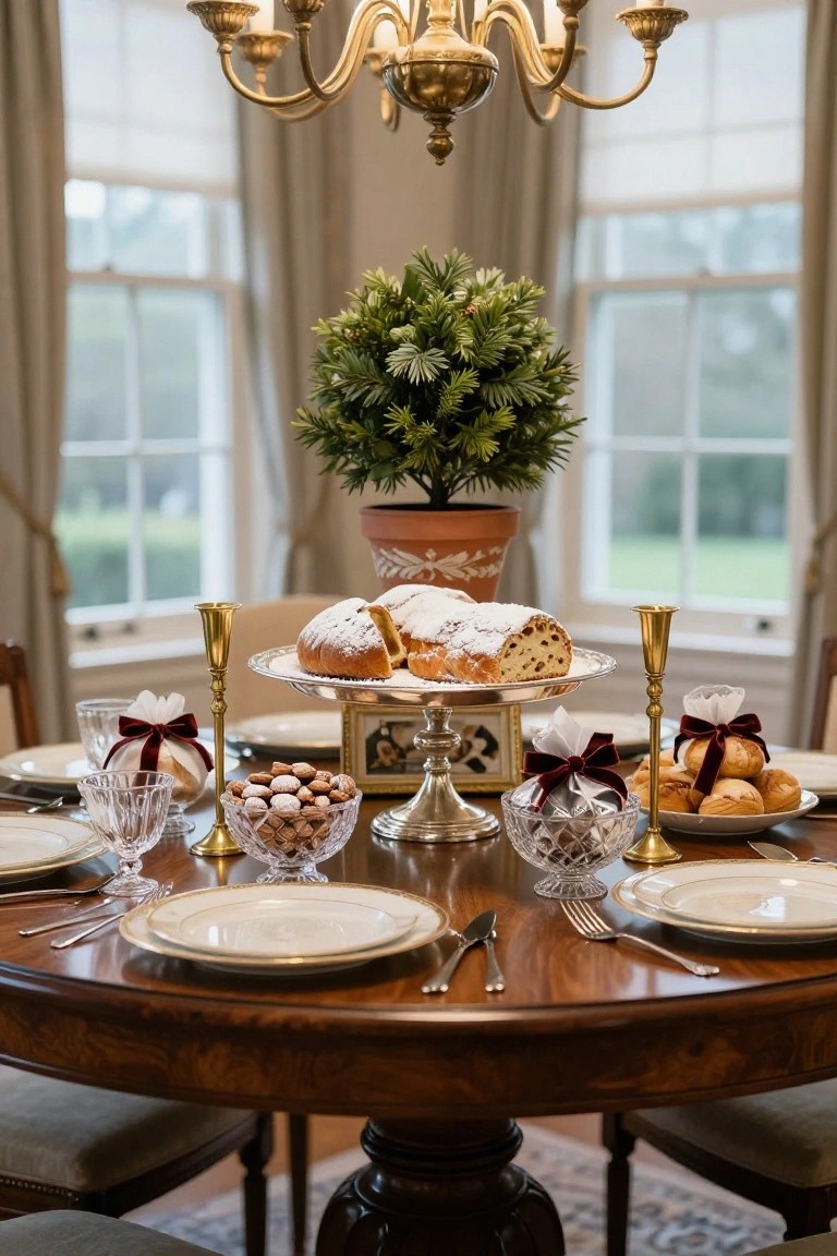 Round wooden dining table set with tiered silver stand displaying panettone, flanked by gold candelabras, crystal bowls of nuts and pastries, evergreen topiary plant, and white plates in elegant sunlit room.