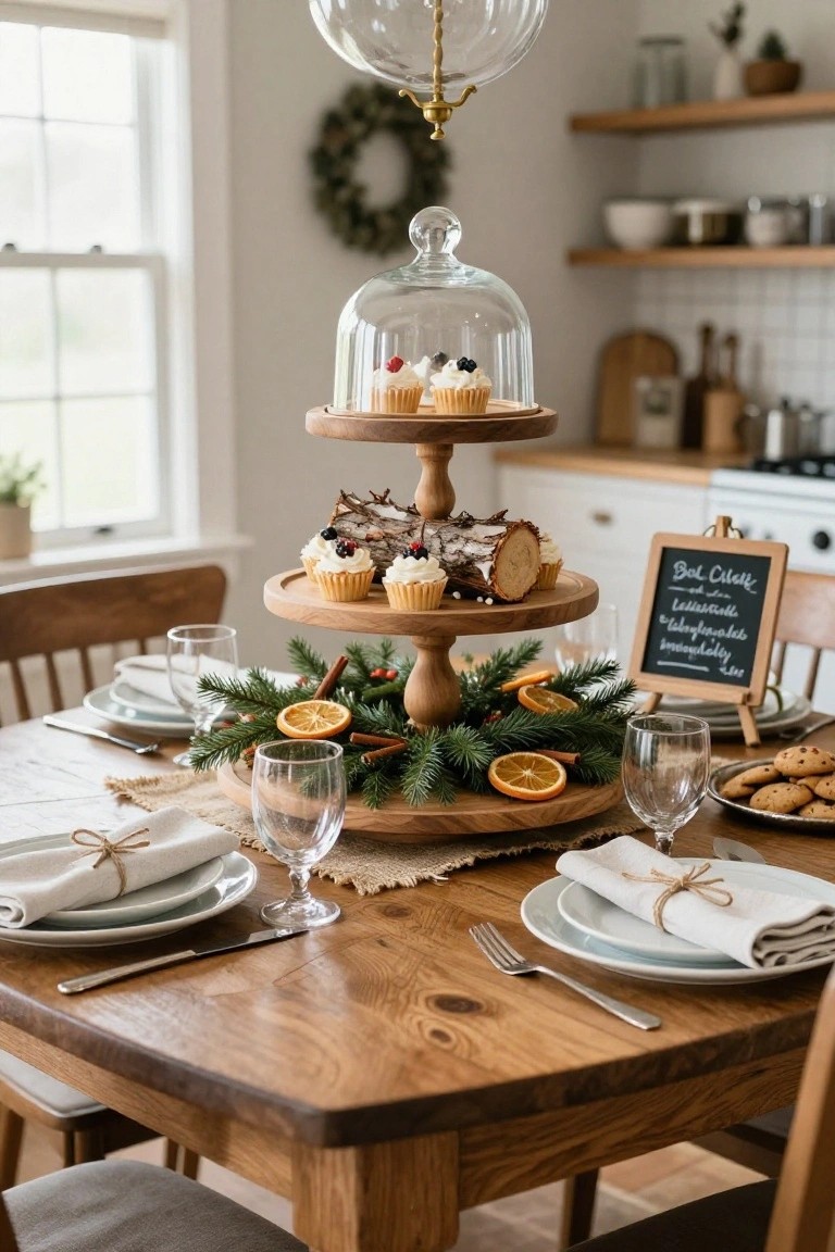 Close-up of a three-tier wooden dessert stand on a wooden dining table, displaying cupcakes under a glass dome, yule log slices, and cookies, decorated with greenery, oranges, and cinnamon sticks in a cozy kitchen with holiday table settings.