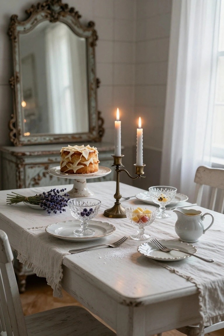 White wooden table with lace cloth holding a pedestal stand with small cake topped in white chocolate shards, brass candelabra with two lit candles, glass dishes of blueberries and fruit pieces, lavender bouquet, plates, cutlery, white teapot, and antique chairs in a room with tiled walls, curtained window, and ornate mirror.
