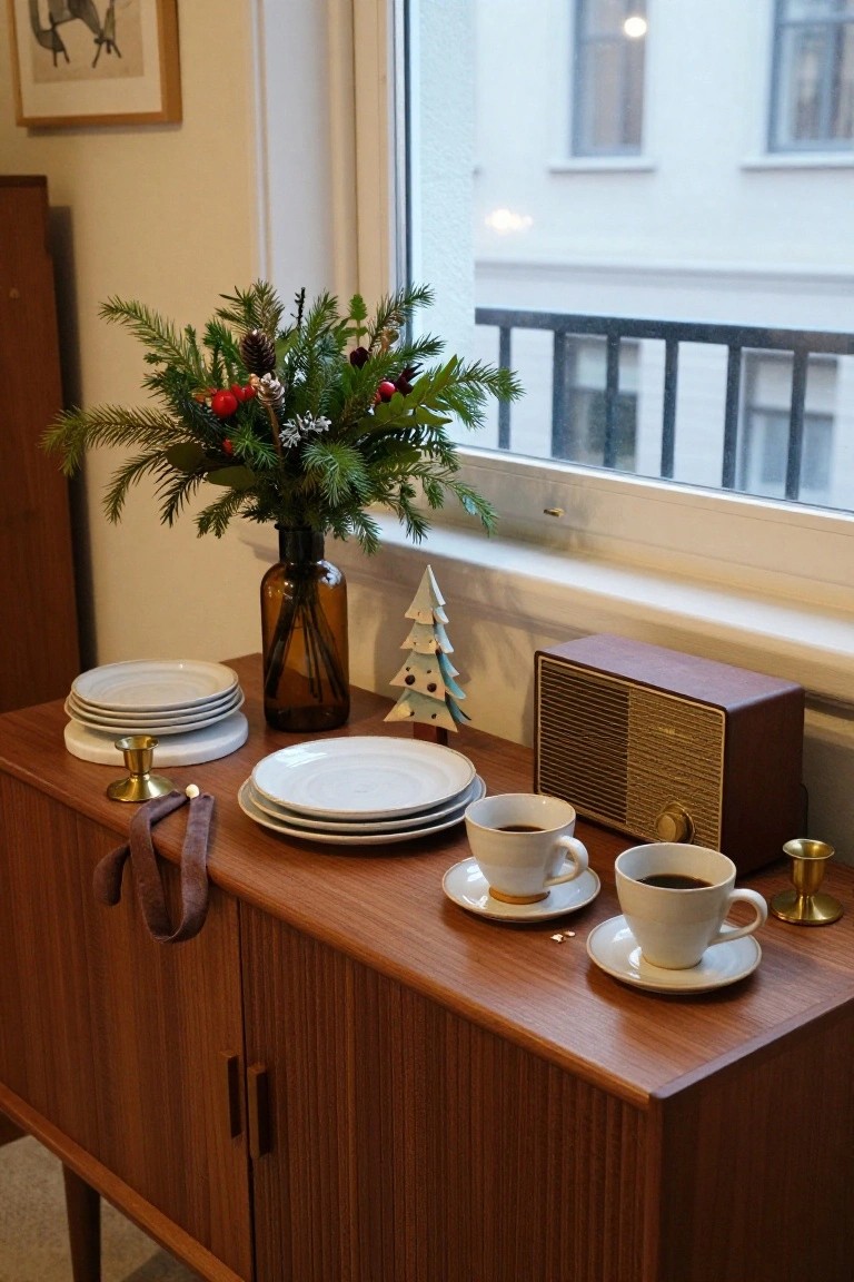 Wooden credenza with stacked white plates, two white coffee cups on saucers, glass vase of evergreen branches with red berries and pinecones, small white and green Christmas trees, brass candlesticks, maroon fabric strap, and brown retro radio next to a large window overlooking a white building exterior.