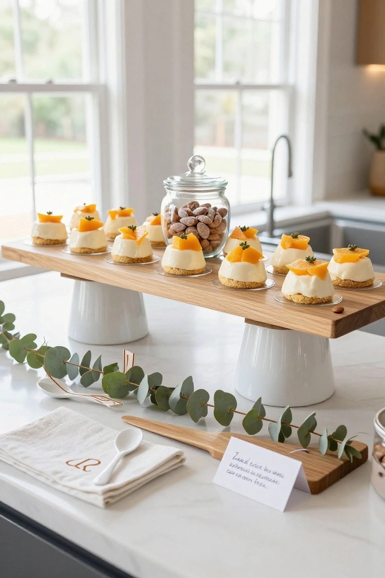 Wooden serving board elevated on white pedestals holding multiple small white desserts topped with orange mango slices and herbs, with eucalyptus branches, a glass jar of nuts, cloth napkins, spoons, and a handwritten sign on a kitchen countertop.