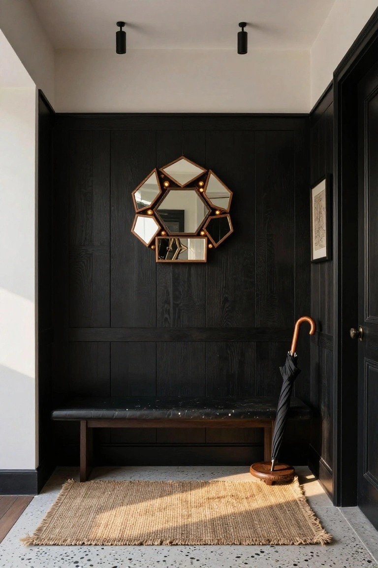 Modern entryway with black wood-paneled wall featuring a large geometric faceted mirror with integrated lights, wooden bench, umbrella on a stand, and seagrass rug on speckled floor.