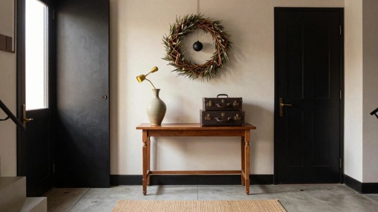 Modern interior entryway with black accent wall displaying a geometric olive leaf wreath, gold sconce light above, white textured vase on wooden console table stacked with brown leather suitcases, black door, seagrass rug on concrete floor.