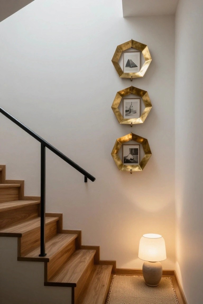 White wall beside wooden staircase with black metal railing, featuring three vertically hung gold octagonal frames with black and white artwork, a ceramic table lamp on beige seagrass rug at the base.
