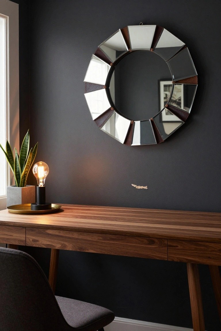 Modern home office corner with dark gray walls, wooden desk with drawers, black lamp on gold tray next to potted snake plant, gray chair, and large octagonal geometric mirror with bronze frame on the wall.