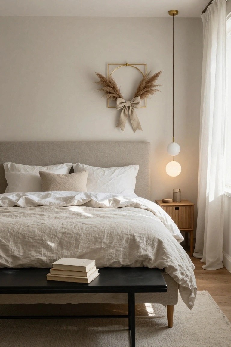 A neutral-toned bedroom with a beige upholstered headboard, white bedding on a low bed, wooden nightstand, black bench at foot, and gold square frame wreath of pampas grass with white bow on wall above bed, next to window with sheer curtains.
