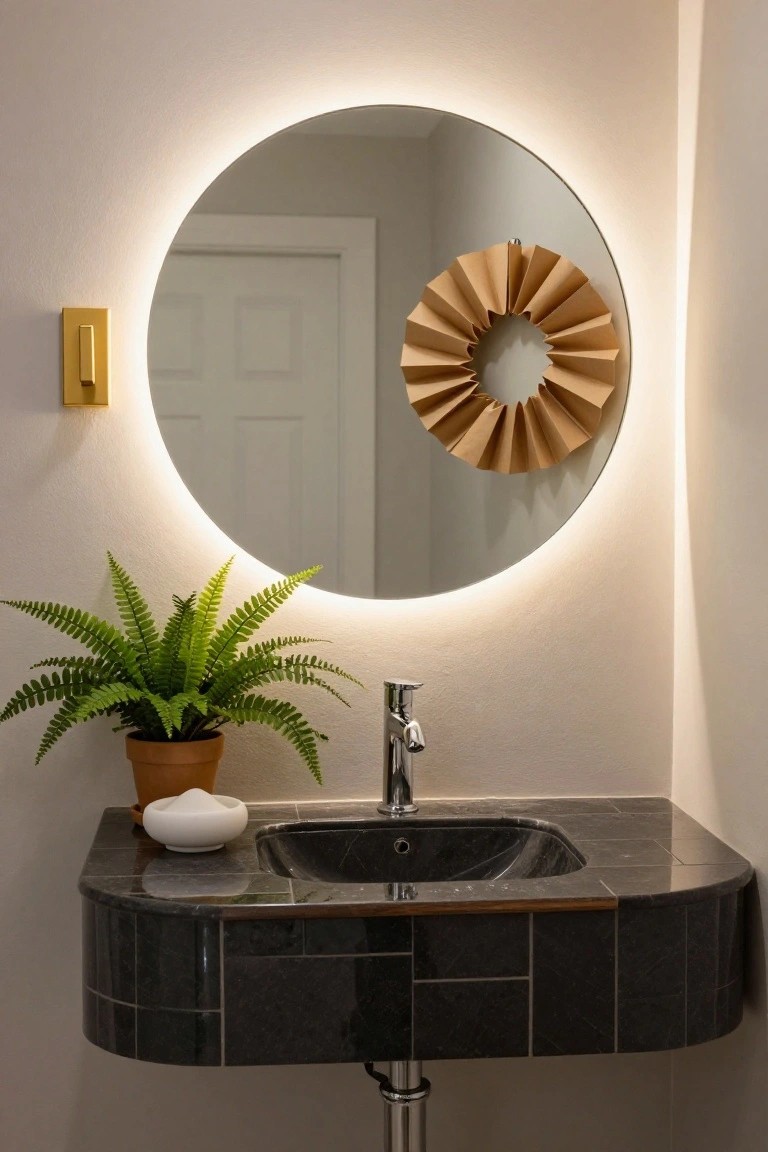 Modern bathroom corner featuring a round mirror with LED backlighting and a brown paper fan wreath around its edge, black stone sink, white soap dish, potted fern, and gold light switch on beige wall.