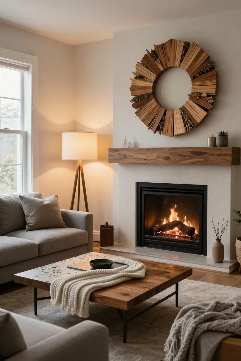 Geometric Wood Wreath Over the Mantel