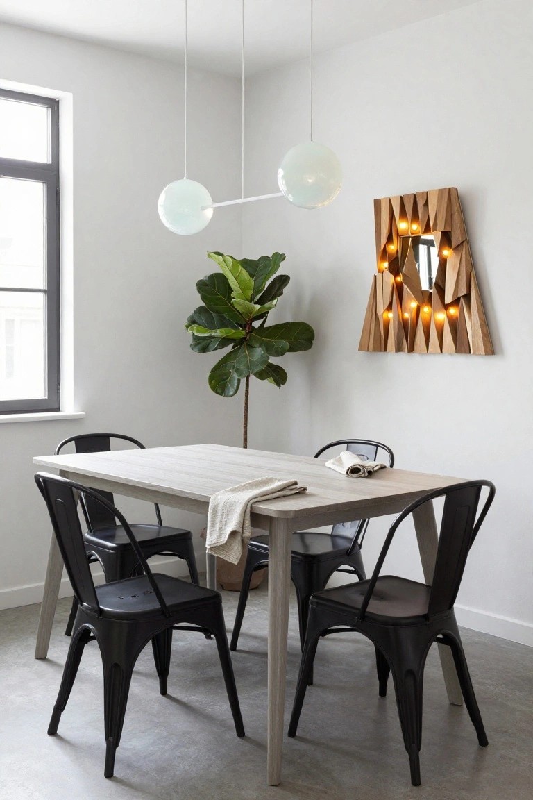 Modern interior dining area featuring a light wood table with black metal chairs, a fiddle leaf fig plant, double pendant lights, and a tall geometric wooden mirror with integrated amber lights on the white wall next to a window.