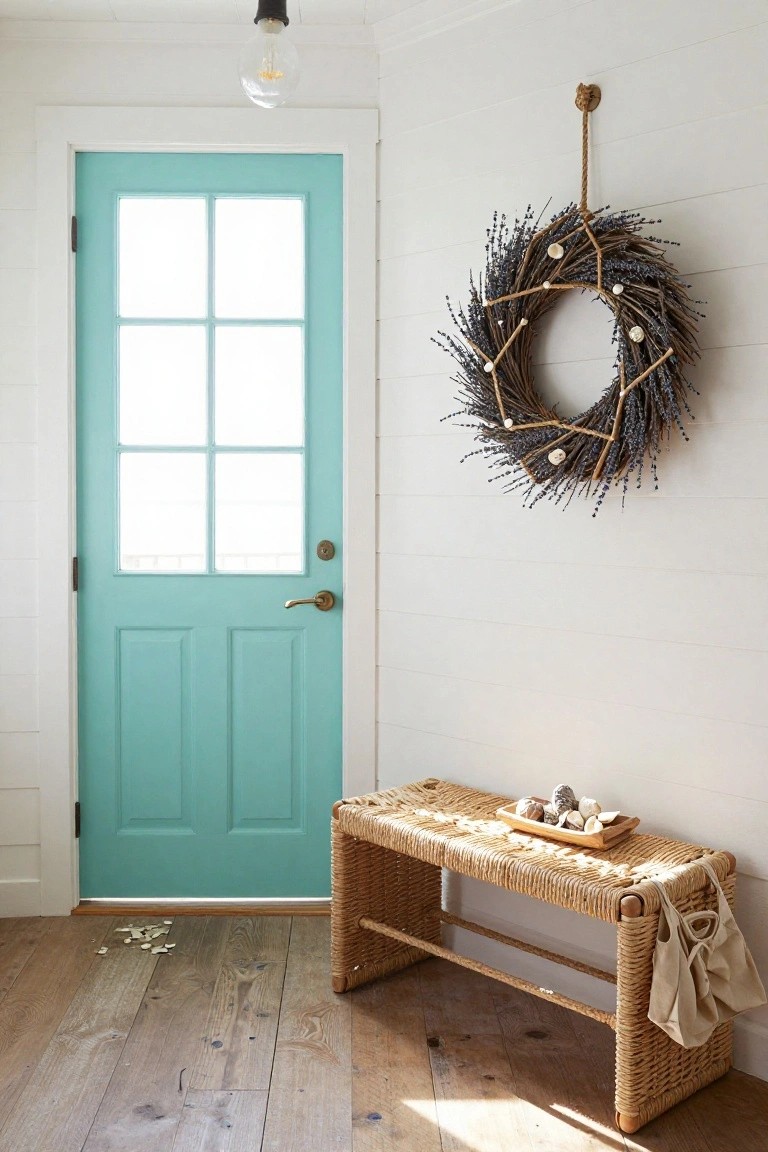 Teal paneled door with six glass panes and brass knob in a white interior corner, geometric wreath of lavender stems, driftwood, and shells hanging on the wall, wicker bench with wooden tray of shells and cloth bag on hardwood floor