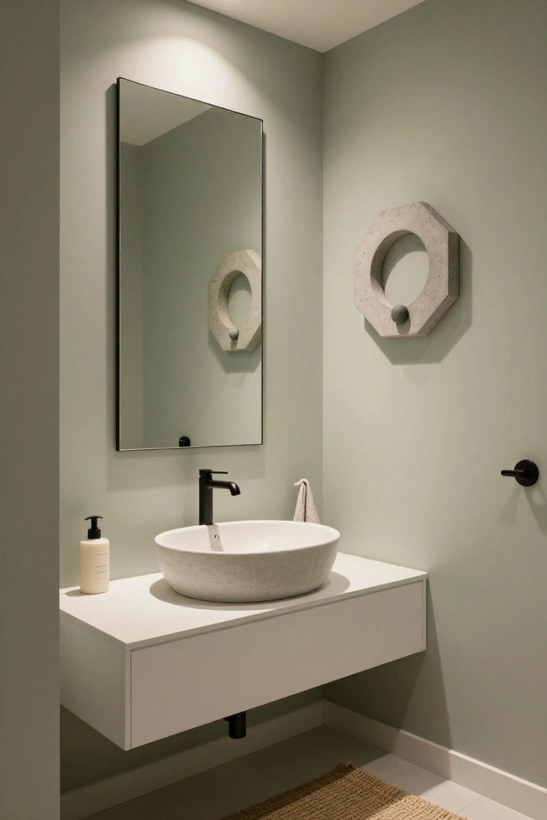 Modern bathroom featuring sage green walls, tall rectangular mirror with black frame, white floating vanity with light gray vessel sink and black faucet, soap dispenser, beige towel on black hook, concrete octagonal wall sculpture, and seagrass rug on white tile floor.