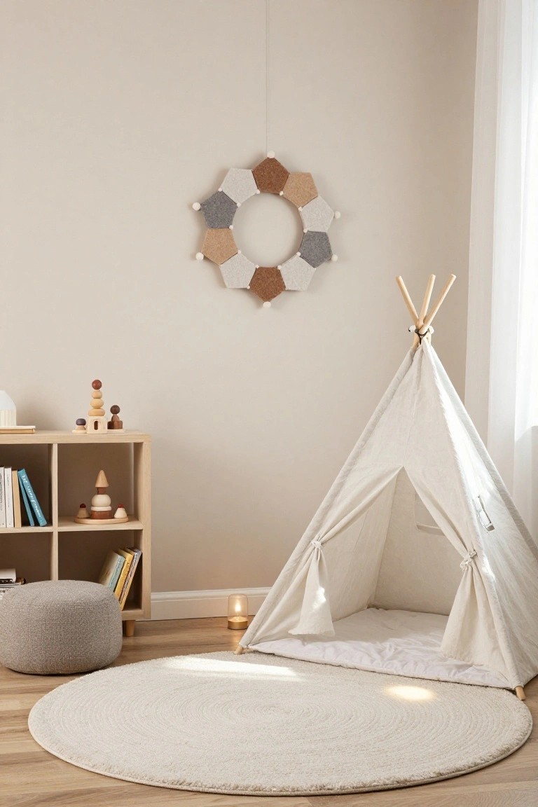 Neutral geometric hexagon wreath made of felt hangs on a beige wall above a white canvas teepee tent in a modern children's playroom with wooden toys on shelves and a round seagrass rug on wood floors.