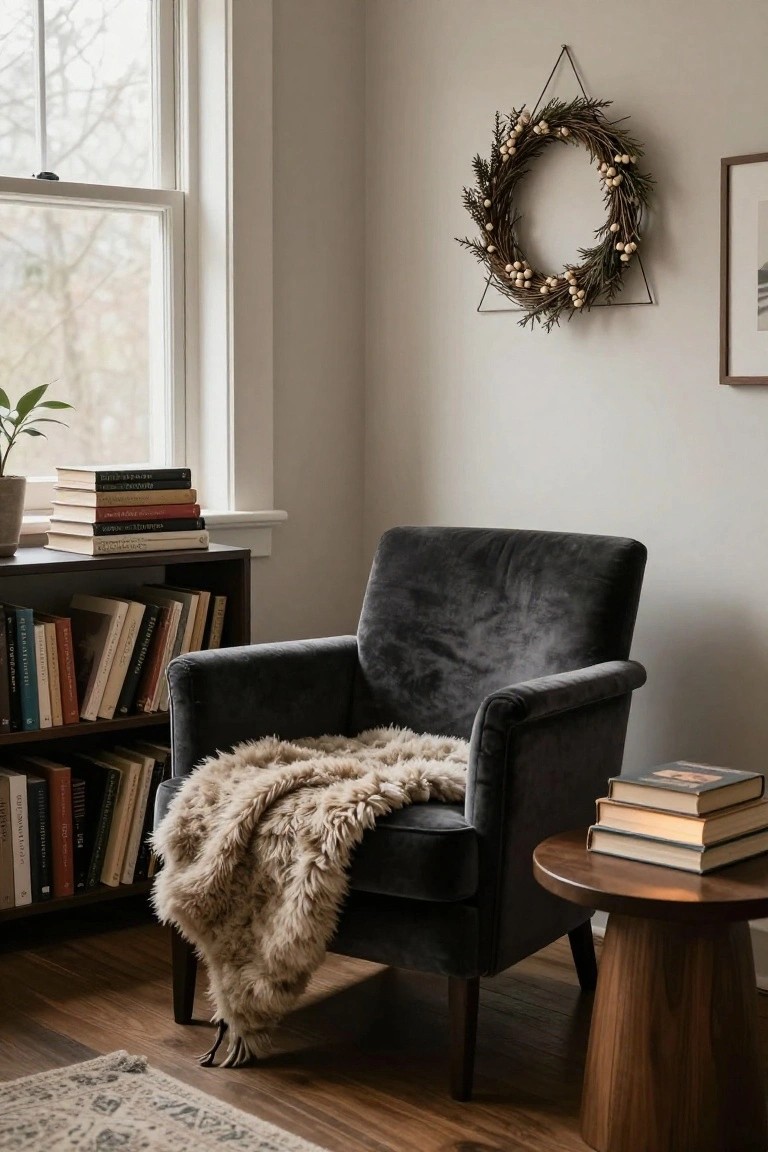 Pale interior room with large window, geometric triangle metal frame holding a wreath of greenery and white berries on wall, dark velvet armchair with fur throw, bookshelves, plant, and side table with stacked books on wood floor.