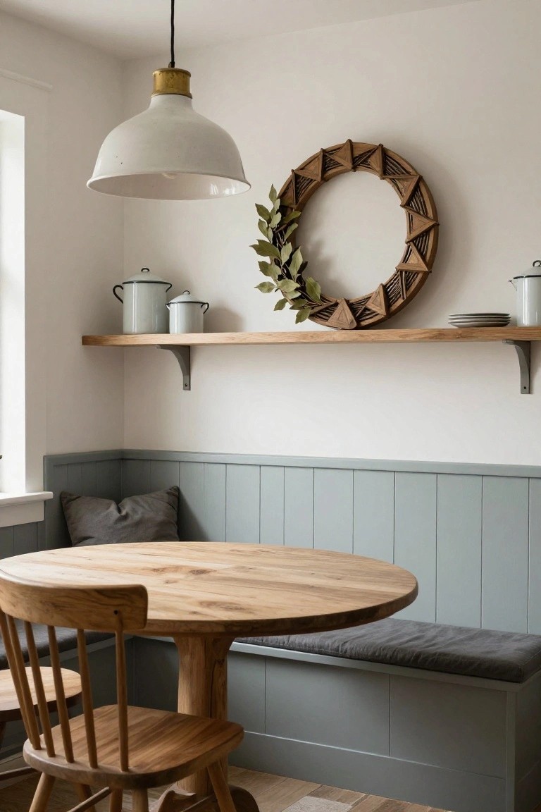 Kitchen nook with sage green paneled bench seating, round wooden table, two wooden chairs, wooden shelves holding white enamel pots, and a large round geometric wooden wreath with eucalyptus leaves on white wall under white pendant light.