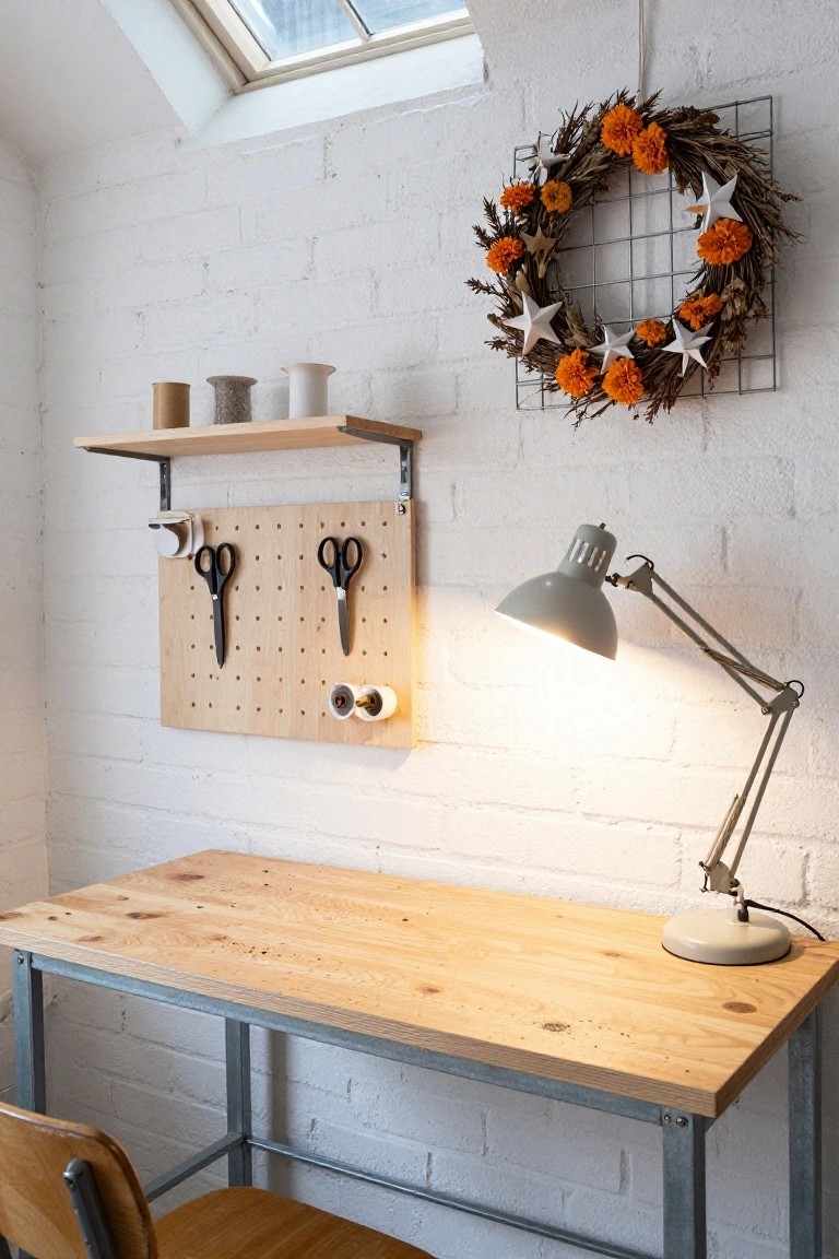 Interior photo of a small workspace featuring a wooden desk with metal legs, a wooden chair, pegboard wall with scissors and tape dispenser, floating shelf with jars and cardboard tube, adjustable desk lamp, and a geometric wire grid wreath with orange marigolds, twigs, and white stars on the white brick wall under a skylight.