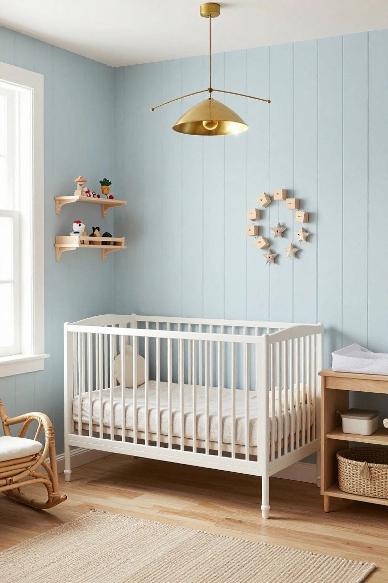 Light blue shiplap-walled nursery corner with white crib, wooden shelves holding toys, geometric wreath of wooden number blocks and stars on wall, gold pendant light, rattan rocking chair, and changing table.