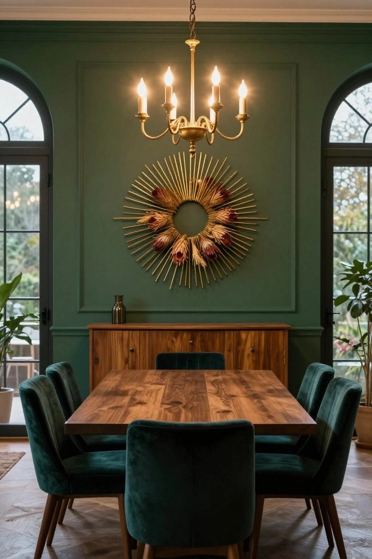 Dining room with emerald green walls, large golden geometric sunburst wreath with dried pinkish flowers above wooden sideboard, wooden dining table with green velvet chairs, brass chandelier, and windows overlooking greenery.