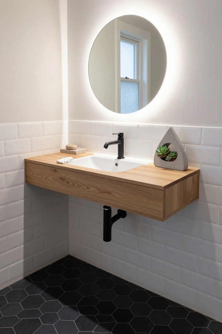 Modern bathroom corner with floating oak wood vanity and white ceramic sink, black matte faucet, round backlit mirror, white subway tile walls, gray concrete succulent planter, and black hexagonal floor tiles.