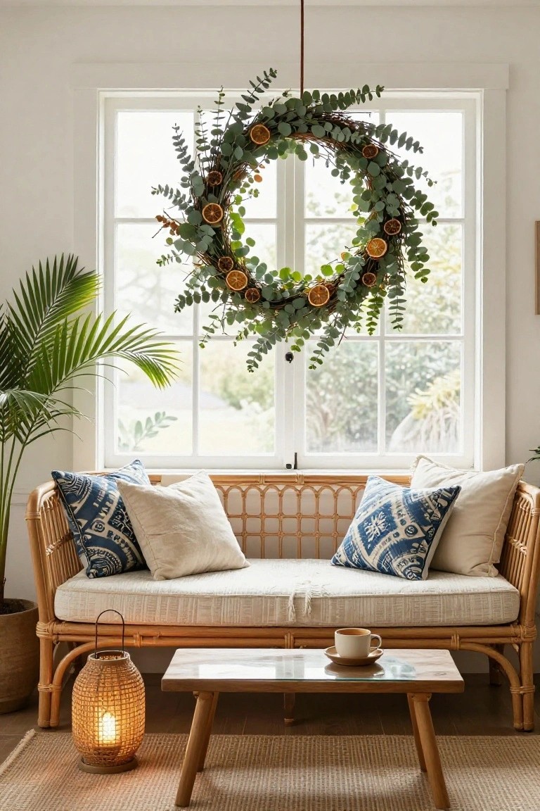 Cozy indoor seating area featuring a beige rattan sofa with blue patterned and white pillows, a low glass-topped wooden coffee table holding a teacup and saucer, a lit woven lantern, potted palm plant, and a large circular wreath of green eucalyptus leaves and dried orange slices hanging in front of a multi-paned window.