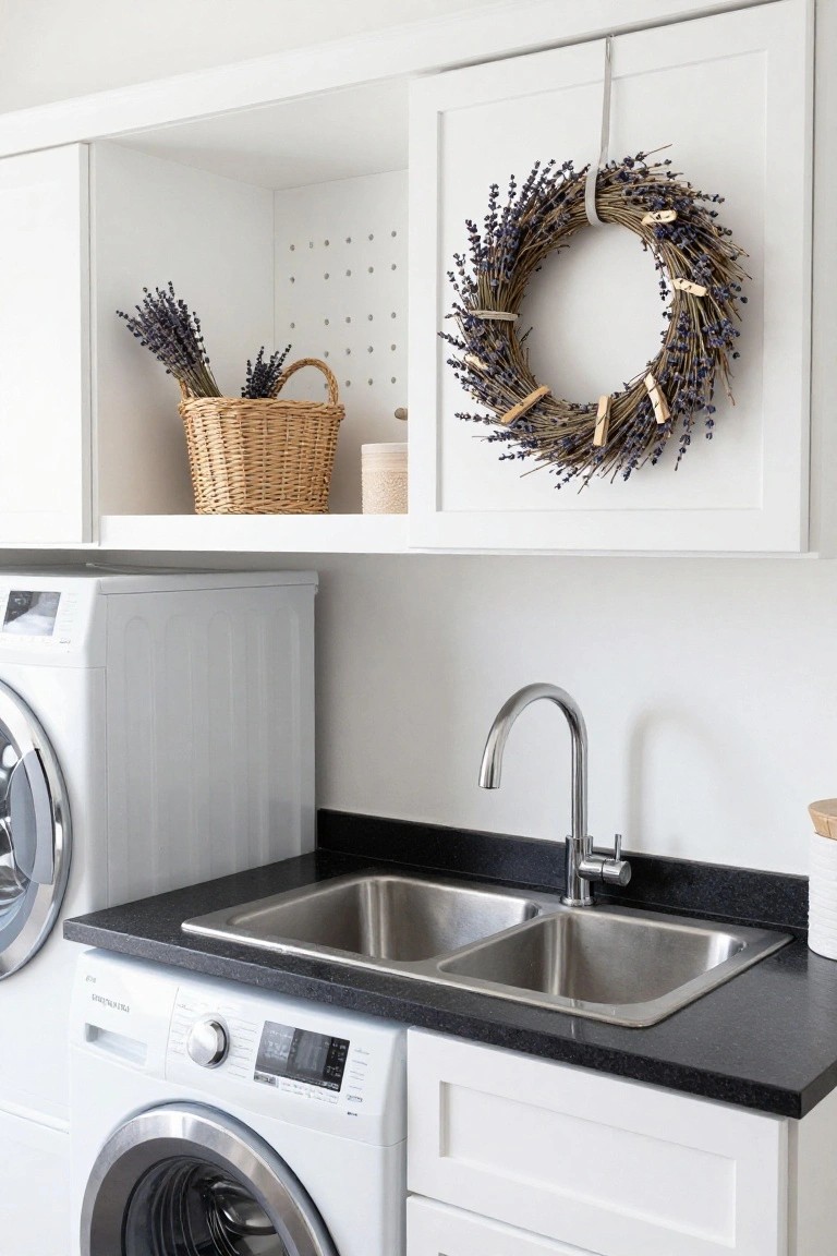 Modern white laundry room with open upper cabinets displaying a circular dried lavender wreath and basket, black countertop double sink, and white washer and dryer.