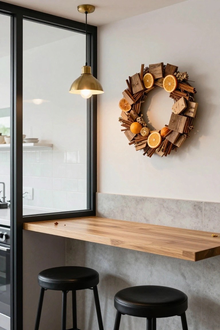 Modern kitchen bar with wooden countertop, two black stools, brass pendant light, glass partition next to white tiled wall, and circular wreath of wood slices, cinnamon sticks, and dried oranges on the wall.