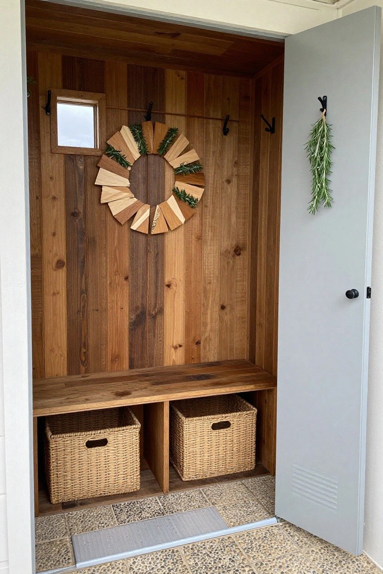Open cedar wood-paneled closet interior with a geometric fan wreath of assorted wood slices and greenery on the wall, coat hooks above a built-in bench, wicker baskets in cubbies below, and rosemary bundle hanging near the open gray door.