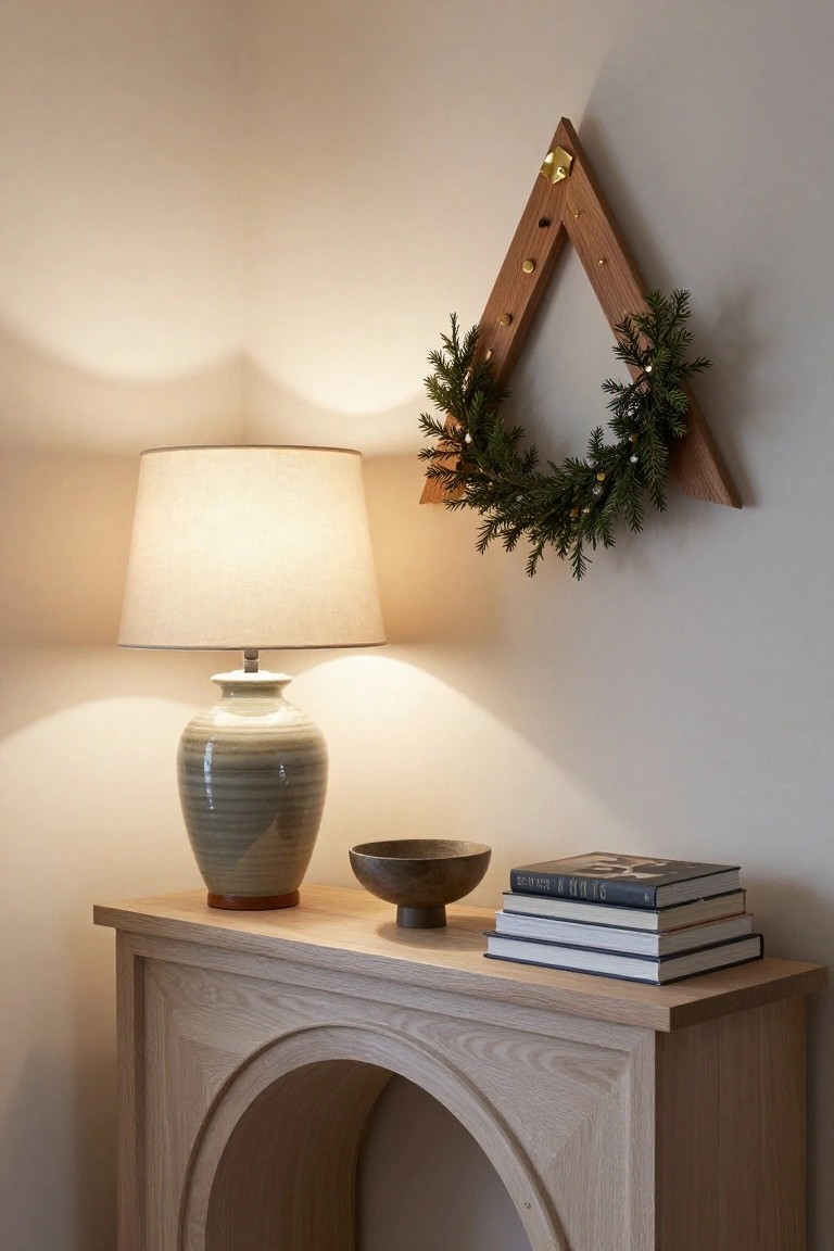 Light beige wall corner with triangular wooden frame wreath of fir branches and gold accents hung above arched oak console table holding ceramic lamp, green vase, black bowl, and stacked navy books.