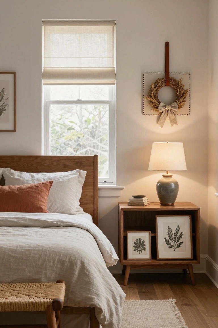 Bedroom interior with wooden bed draped in white linens and orange pillows, nightstand holding a ceramic lamp and books, and a square-framed wheat wreath with bow hanging on the wall next to a window with beige blinds.